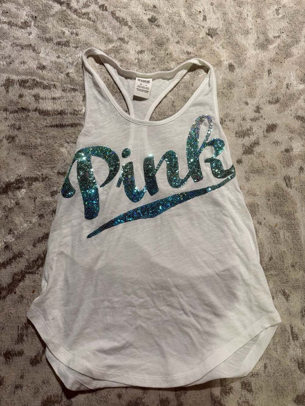 Victoria's Secret PINK White Racerback Tank Top with Ombre Sequin Logo